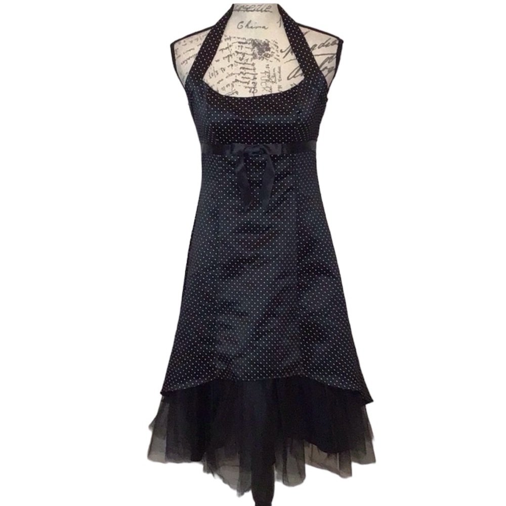 BETSY & ADAM Black White Polka Dot Halter Cocktail Dress Size 4 1940s style - Picture 1 of 7